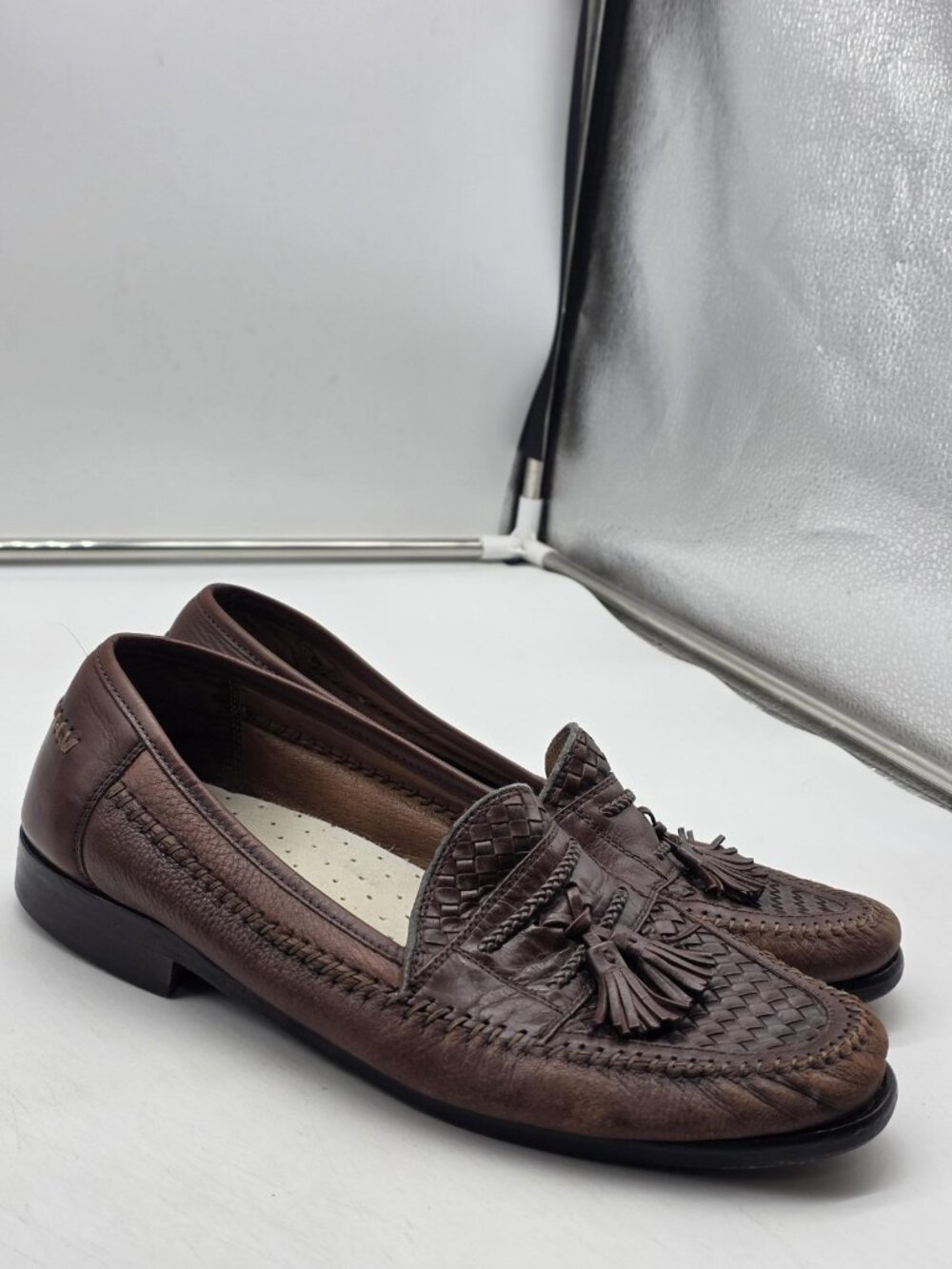 Brass Boot Shoes Mens Size 9.5 Brown Leather Tassel Loafers Woven Moc Toe